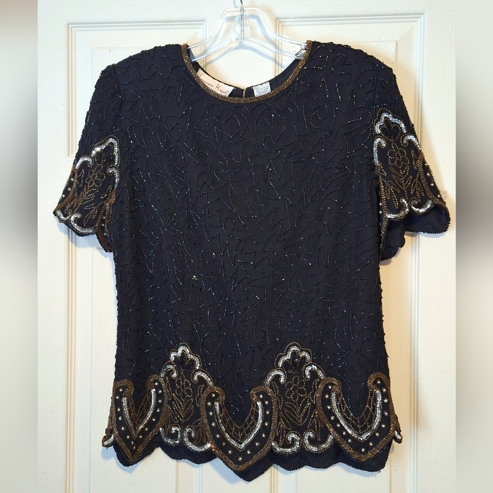 Lots of Sparkle!! 'Lawrence Kazar' silk black beaded top; spangles, pearls, M